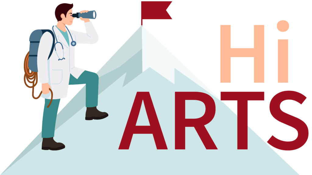 Illustratie van een dokter met een verrekijker die uitkijkt op een berg.