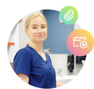 Foto van een medisch specialist met daarbij een icoon van een paperclip en een icoon van een video.