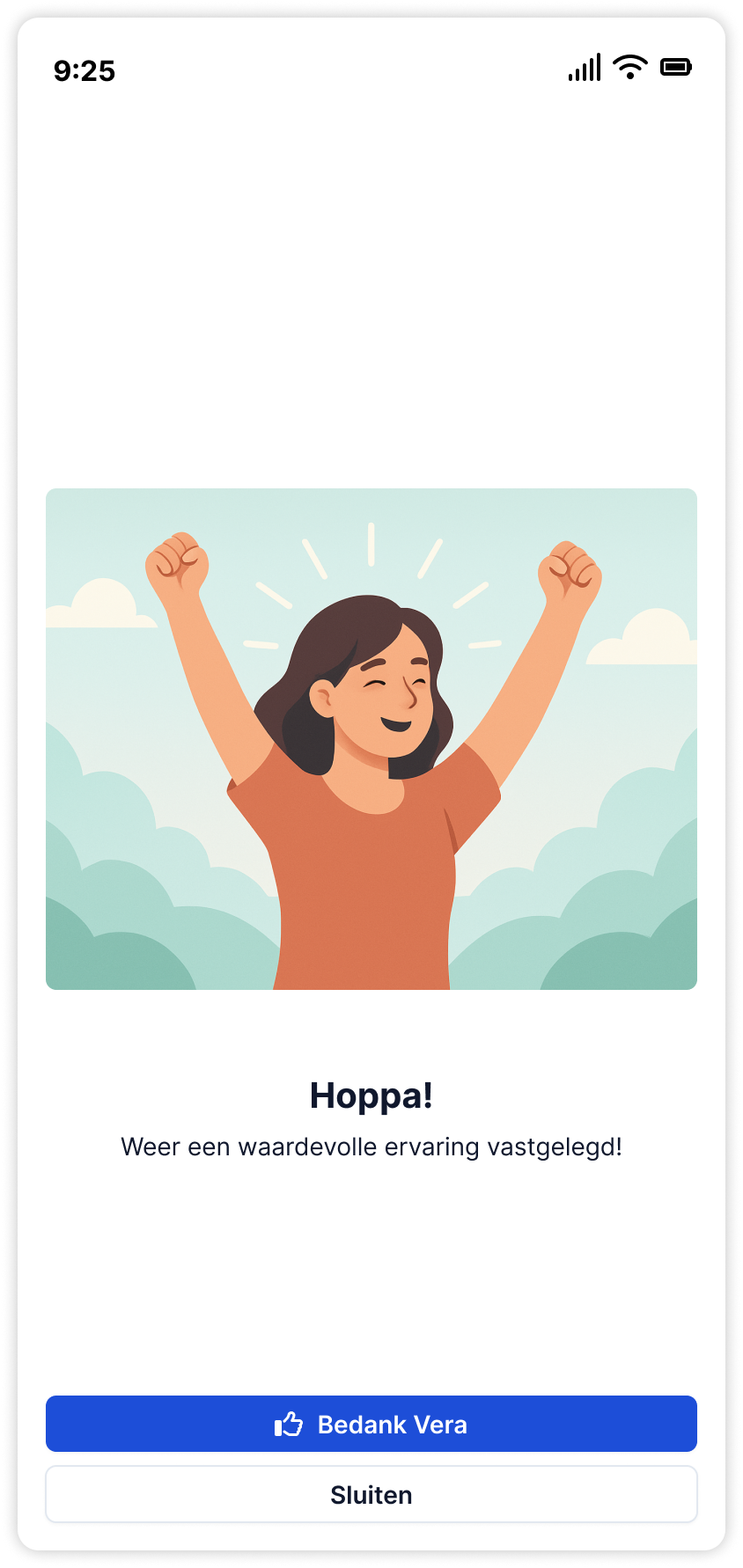 Screenshot goedgekeurd scherm van de Reconcept applicatie met een illustratie van een juichende vrouw.