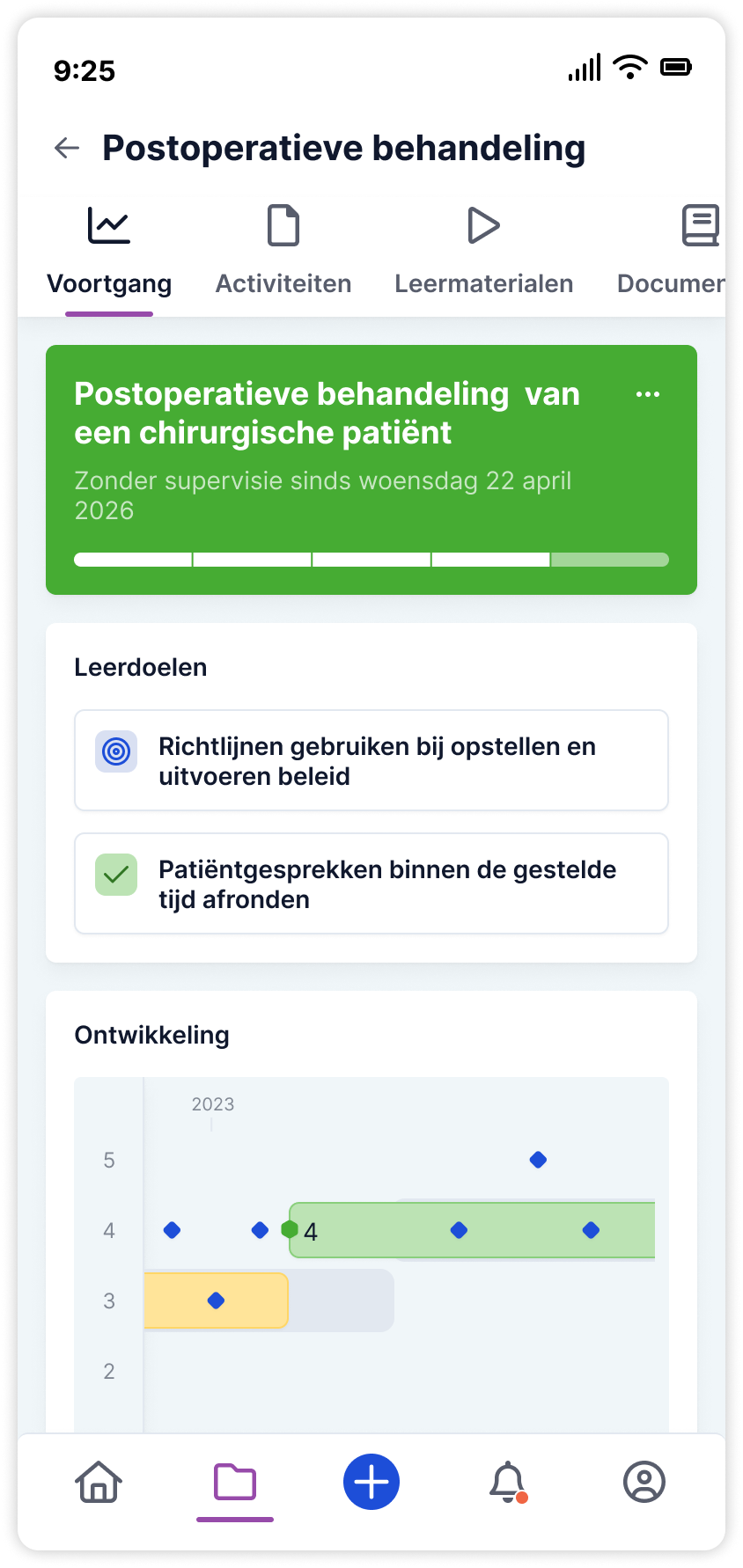 Screenshot van skilldetail scherm in de Reconcept applicatie waar de voortgangsbalk te zien is.